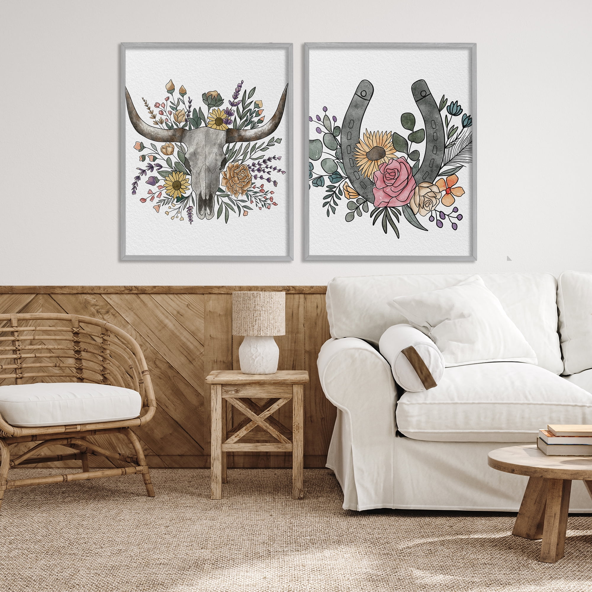 Stupell Industries Boho Longhorn & Horseshoe 2 Piece Gray Framed Giclee Art Set, design by Alisha Kiara Design