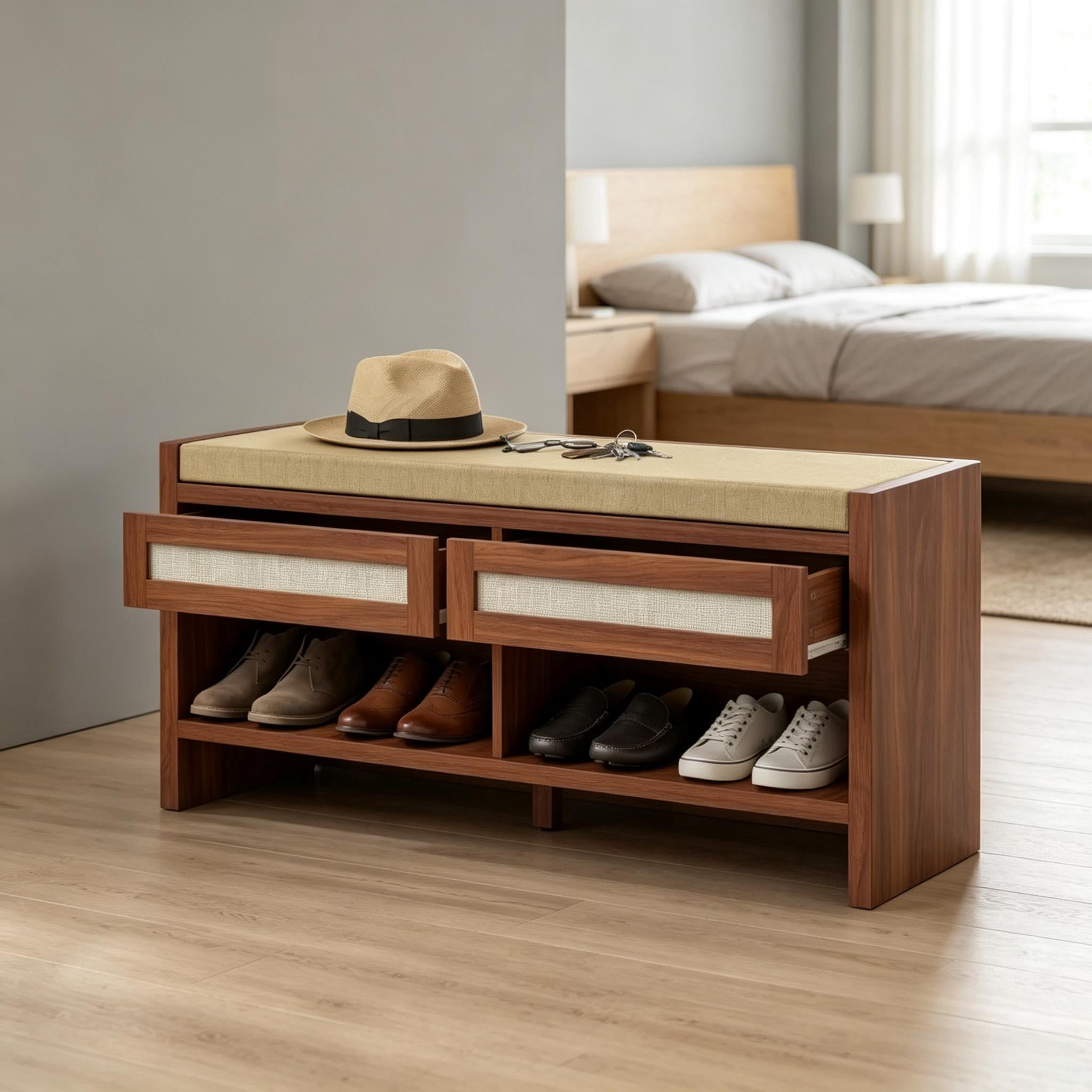 Shoe Bench with Cushioned Seat, 2 Rattan Drawers and Open Storage Shelf