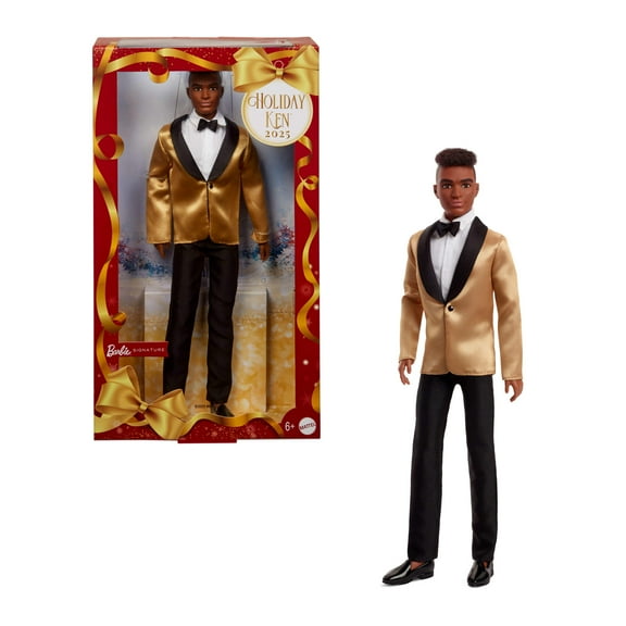 Barbie Signature 2025 Holiday Dark Brown Hair Ken Collectible Fashion Doll wearing Full Suit with Golden Jacket