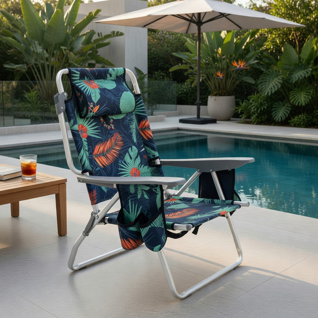 Hommoo 2-Pack Foldable Beach Chair with Adjustable Backrest, Head Pillow & Carry Bag, Multicolor