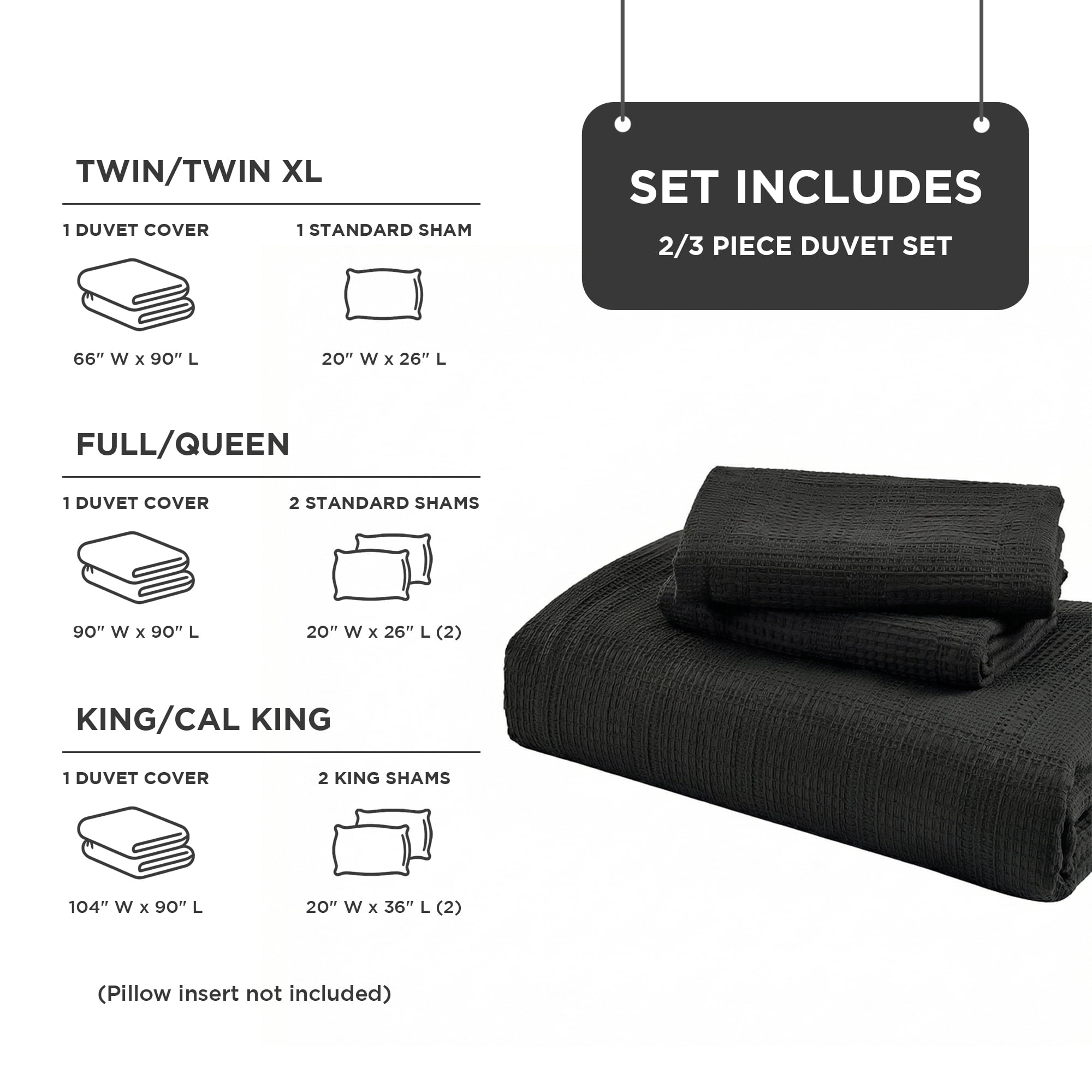 Regency Heights Waffle Weave Duvet Cover Set King/Cal King Size, Breathable Duvet Cover Set for All Season, 3-Piece Textured Bedding Set with Pillow Shams, Black