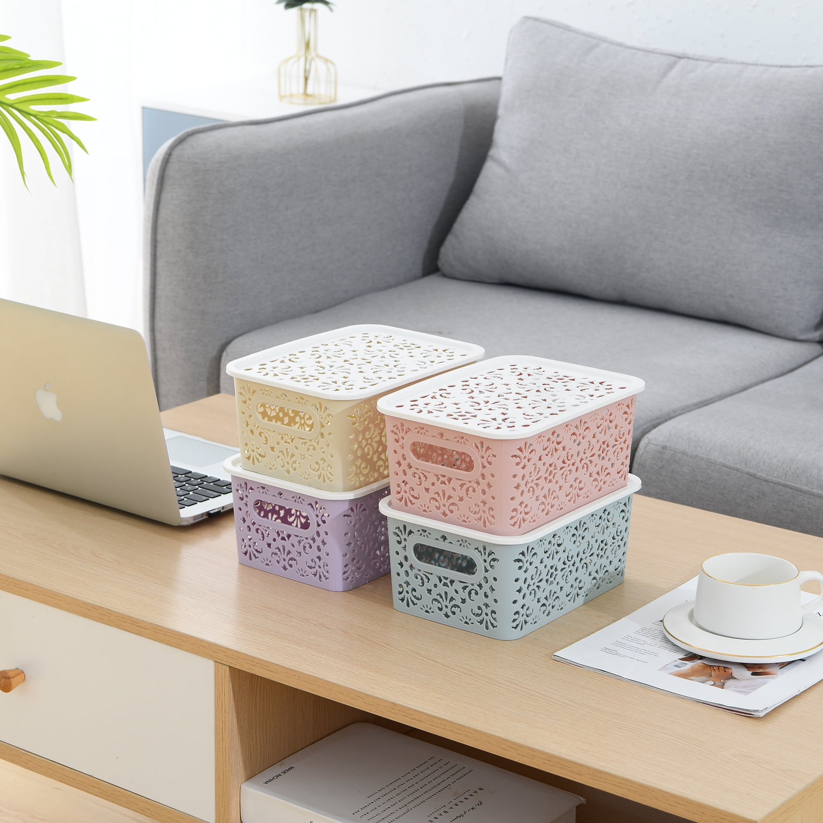 Sets of 3 Stackable Lace-Design Bins with Lids, The Lakeside Collection