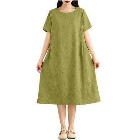 SAFUNY Women s Crewneck Dress Short Sleeve Pullover Soft Breathable Casual Daily Picnic Dress Green L