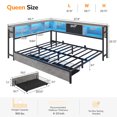thumbnail image 2 of Queen Size Corner Bed Frame with Storage Bookcase,Queen Daybed with Charging Station and Led Lights,Metal Platform Bed Frame with Storage Drawers Underneath for Living Room,Bedroom & Guest Room,Gray, 2 of 8