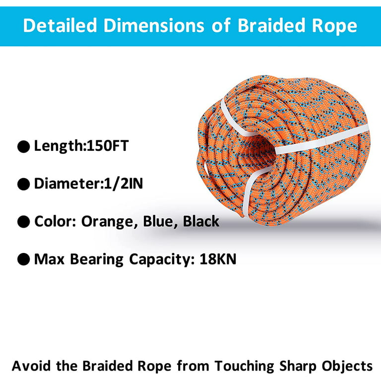 Arborist Tree Rope, 1/2inch by 150FT, 32 Strand Bull Rope up to 18KN  Tensile Strength, Orange, Blue, Black 