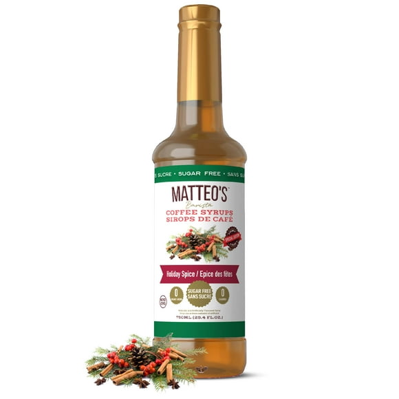 Matteo's Sugar Free Coffee Syrup, Holiday Spice, 750mL, 0 Calories, 0 Sugar, (Single Bottle)