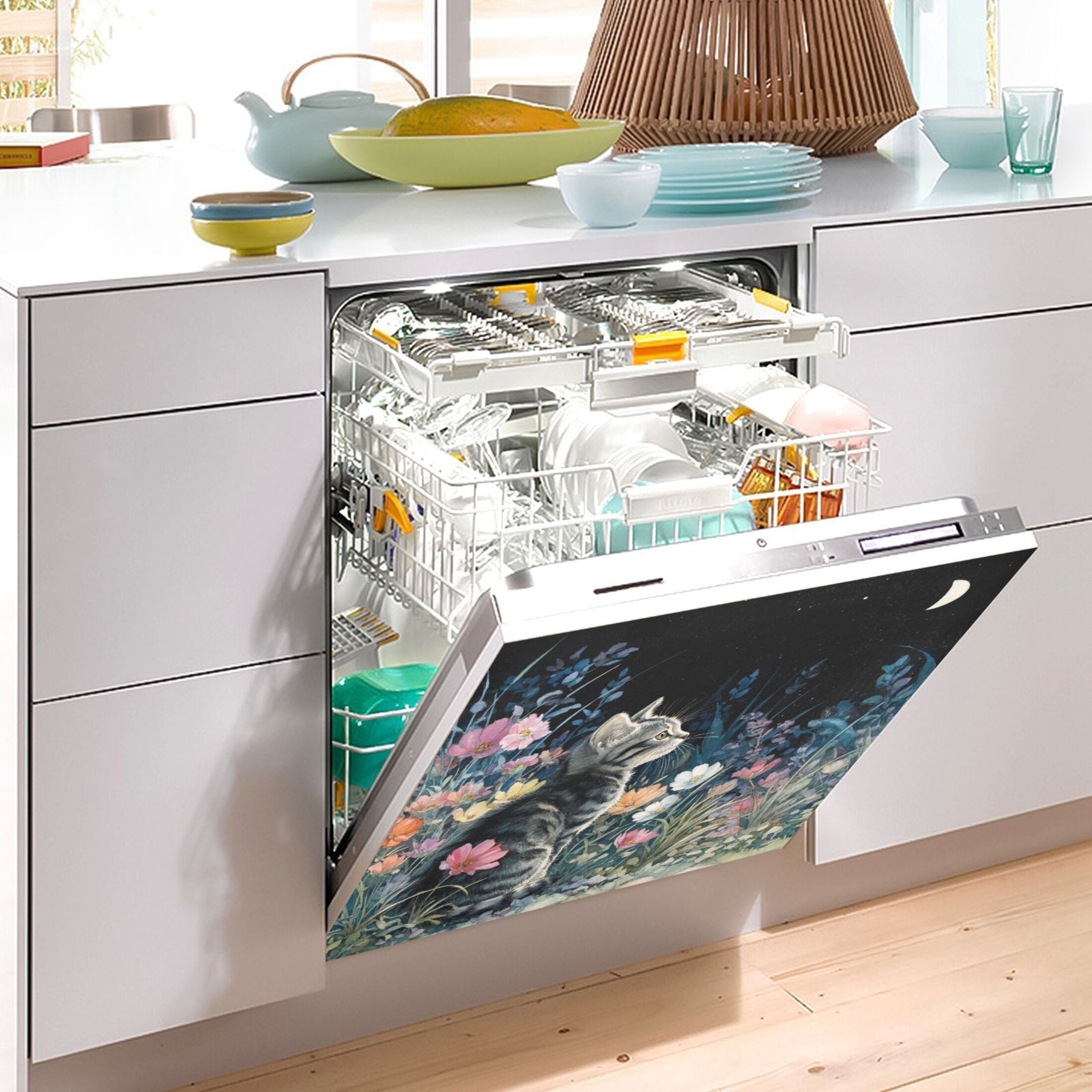 Dishwasher Magnetic Sticker 23x26 Inch Refrigerator Magnetic Sticker Washing Machine Magnetic Sticker Kitchen Panel Magnetic Sticker Home Decor Night Cat