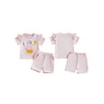 thumbnail image 2 of Toddler Baby Girls Summer Outfit 6 12 18 24 Months 2T 3T Colorful Letter Embroidery Ruffles Short Sleeve T-Shirt and Elastic Shorts Set Cute Clothes, 2 of 9