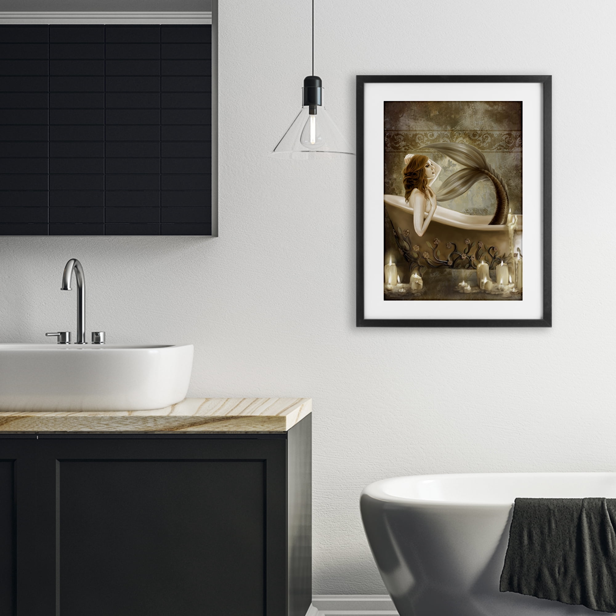 Stupell Industries Sepia Bath Time Mermaid Black Framed Print Under Glass, design by Selina Fenech