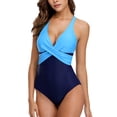 thumbnail image 3 of Women One Piece Swimsuit Front Cross Backless Sports Racerback Fashion Color Block Swimwear, 3 of 6