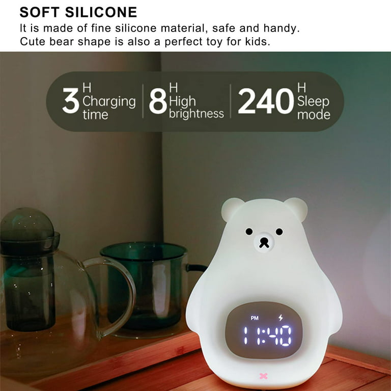 JROSING Bear Night Light, Cute Kids Alarm Clock, Soft BPA-Free Silicone Portable Nursery Lamp, Children USB Rechargeable Nightlight for Girls Boys
