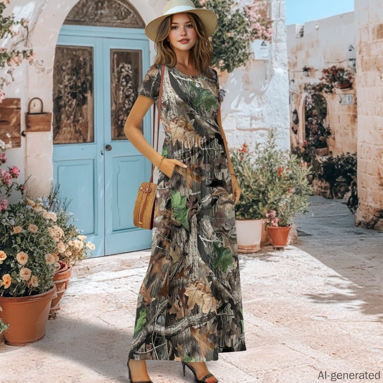 camo maxi dress XUGWLKJ Plus Size Dresses for Curvy Women Camouflage for Women Long Sleeve Printed Long Dresses : Clothing, Shoes & Jewelry length zipper closure Uourmeti Rainbow Love Heart Print