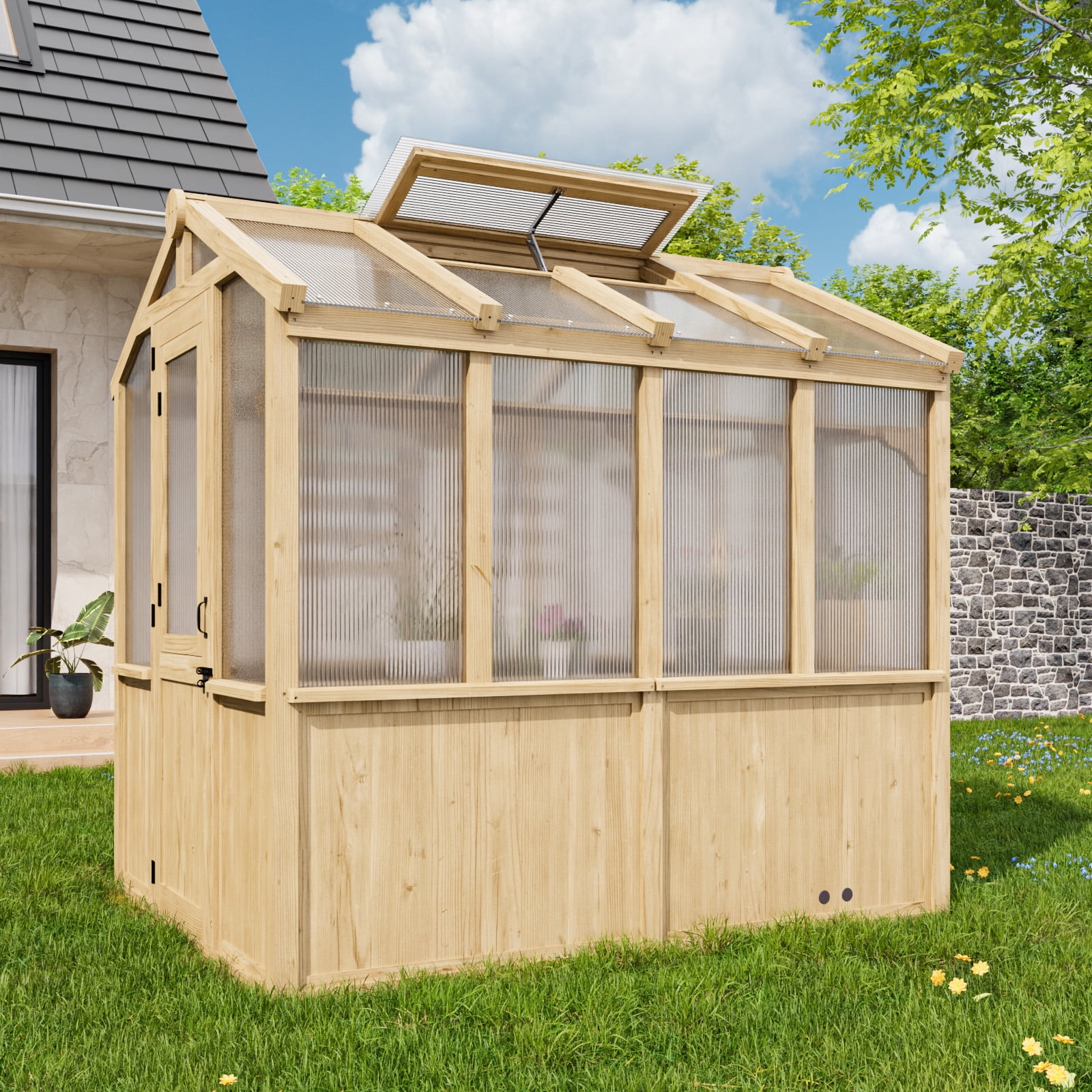 EAGLE PEAK 7.5x6.7x7.7 ft Wood and Polycarbonate Walk-in Greenhouse, Cedar Framed Hobby Greenhouse with Roof Vent, Natural