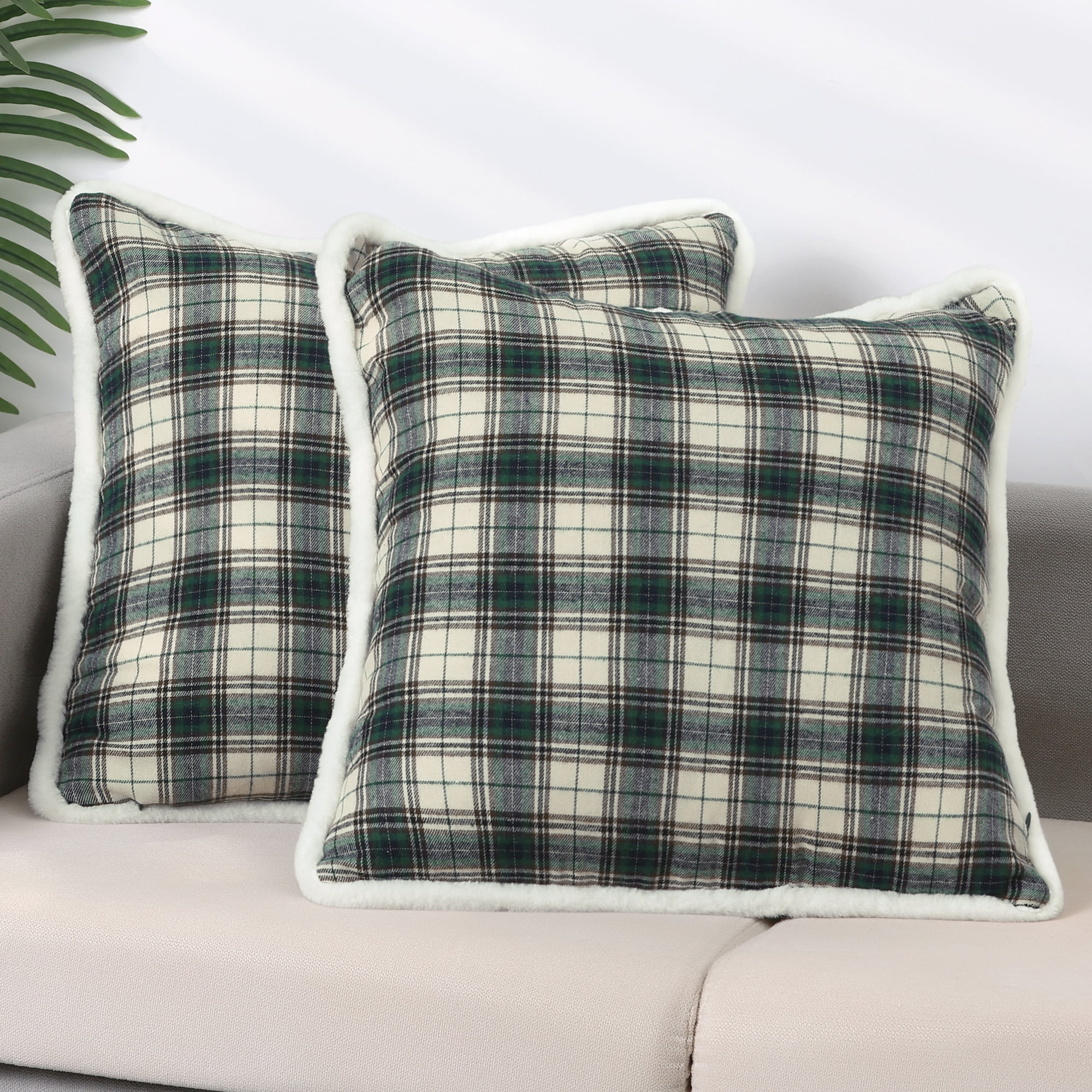 Unique Bargains 2 Pack Plaid Pillow Covers Double-Sided Checked Decorative Pillow Covers Light Green 18" x 18"