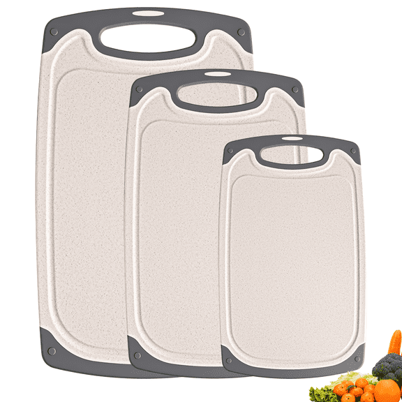 Large Cutting Boards, 3-Piece Plastic Cutting Boards for Kitchen, BPA Free Non-Slip Cutting Board Set of 3 with Juice Grooves, Beige