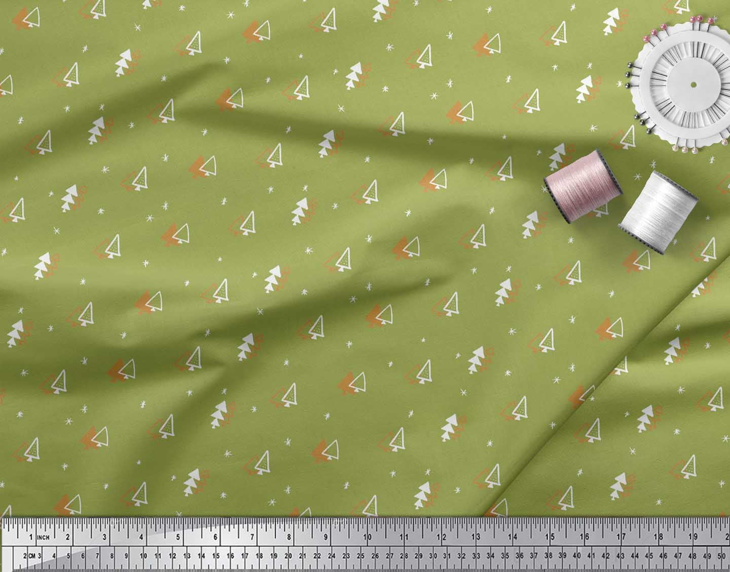 Soimoi Green Cotton Voile Fabric Tree Christmas Decor Fabric Printed Yard 42 Inch Wide