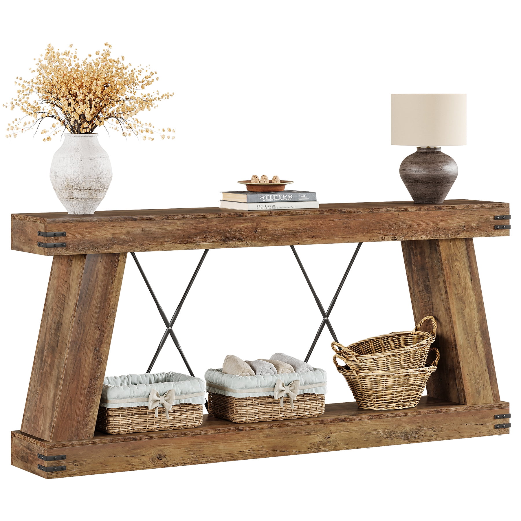 Fnova 70" Farmhouse Console Table, Long 2-Tier Entryway Table with X-Shaped Metal Support, Narrow Wood Sofa Table for Living Room, Hallway, Behind Couch, Brown