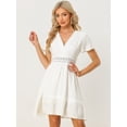 thumbnail image 2 of Vestido de verano para mujer con cuello en V, manga corta, ribete de croché, línea A, dobladillo con volantes blanco L, 2 of 6