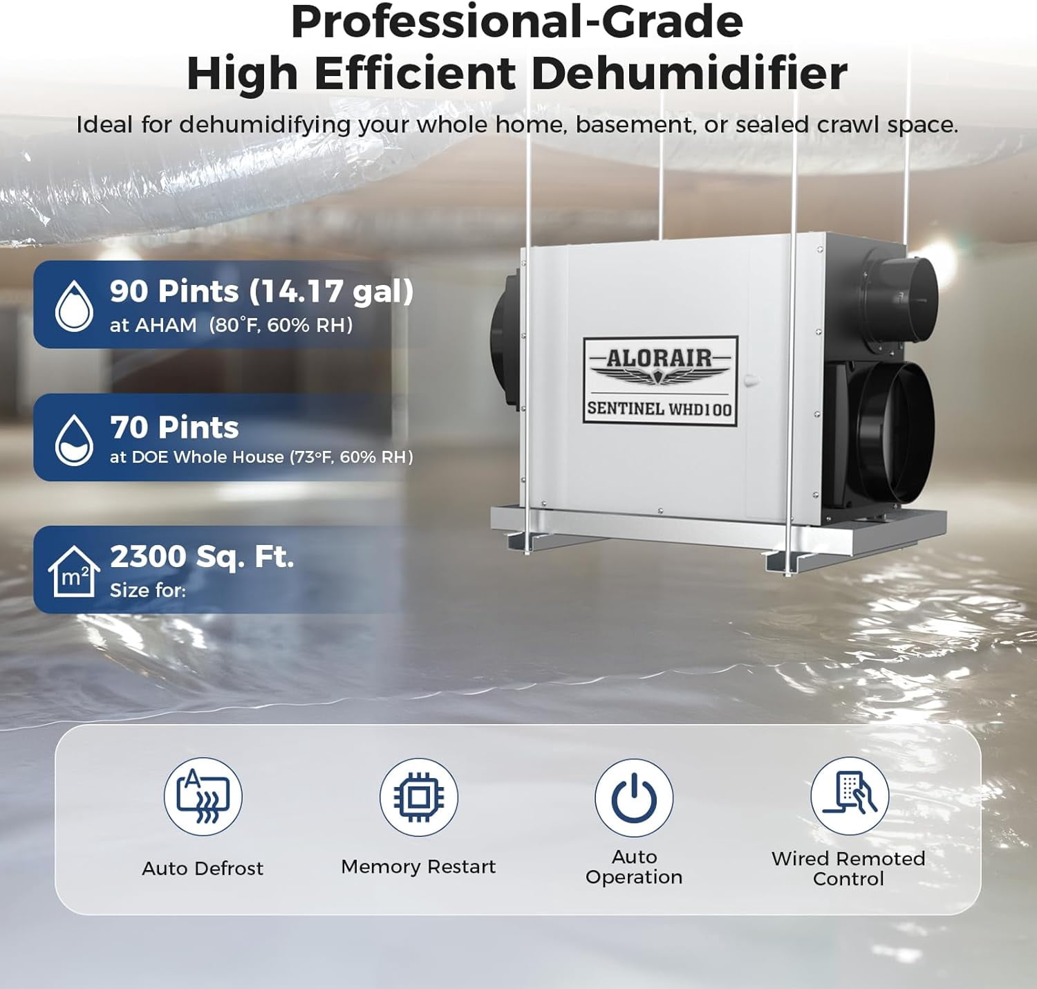 AlorAir 90 Pint Whole House Dehumidifier  Size for 2300 Sq.Ft   dehumidifiers for Crawl，ALORAIR  Dehumidifier
