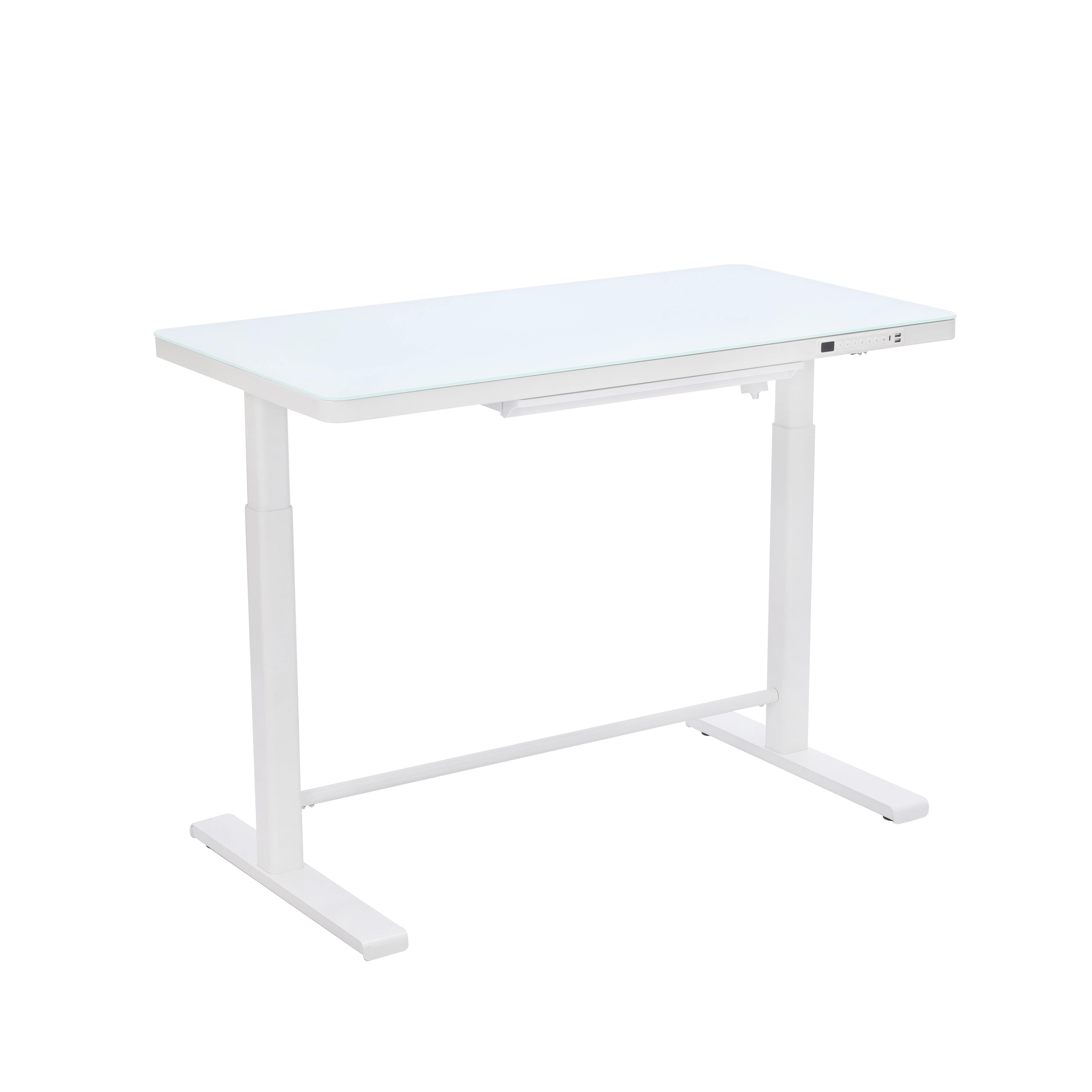 Rise Up Glass Electric Standing Desk | 45" White Glass Top Adjustable Height Sit Stand Desk with USB-C Charging & Memory Controls