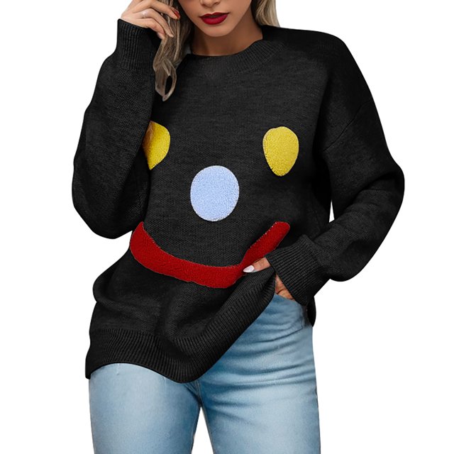 Gibobby SuéTer Para Mujeres De Moda Suéter informal de manga larga con cuello redondo y hombros para mujer(Negro,CH)