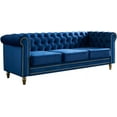 thumbnail image 3 of Modern Velvet Sofa, Button Tufted Chesterfield Sofa with Scroll Arms and Gold Metal Legs, 3-Seater Sofa Couch Upholstered Sofa for Living Room Bedroom Office Apartment, 84.65"×31.50"×30.31", Blue, 3 of 14