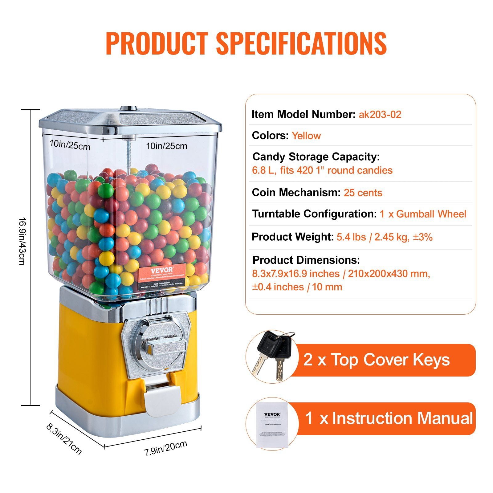 17" Gumball Machine Vending Coin Bank Candy Dispenser – Durable PC Candy Jar, 25 Cent Coin Operated, Secure Lock & Metal Exit Guard – Vintage Style for Home, Arcade, Mall, Party & Commercial Use