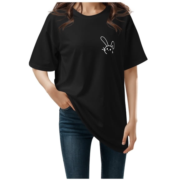 HXWCHs Women Solid Organic Cotton T Shirt Women's Loose Fit Casual Short Sleeve Tee with Cartoon Graphic Design for Everyday Comfort L Black