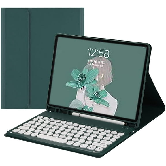 REQO 2022 New iPad Pro 12.9 inch Keyboard Case Cute Round Key Color Keyboard iPad 12.9 inch Pro 6th 5th 4th 3rd Generation Wireless Detachable BT Keyboard Cover with Pencil Holder (DarkGreen)