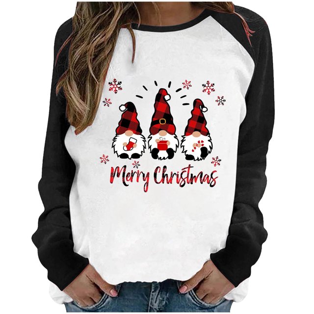 RKSTN Sweat-Shirt pour Femmes, Col Rond, Imprimé Père Noël, Manches Longues, Blouse Patchwork Régulière