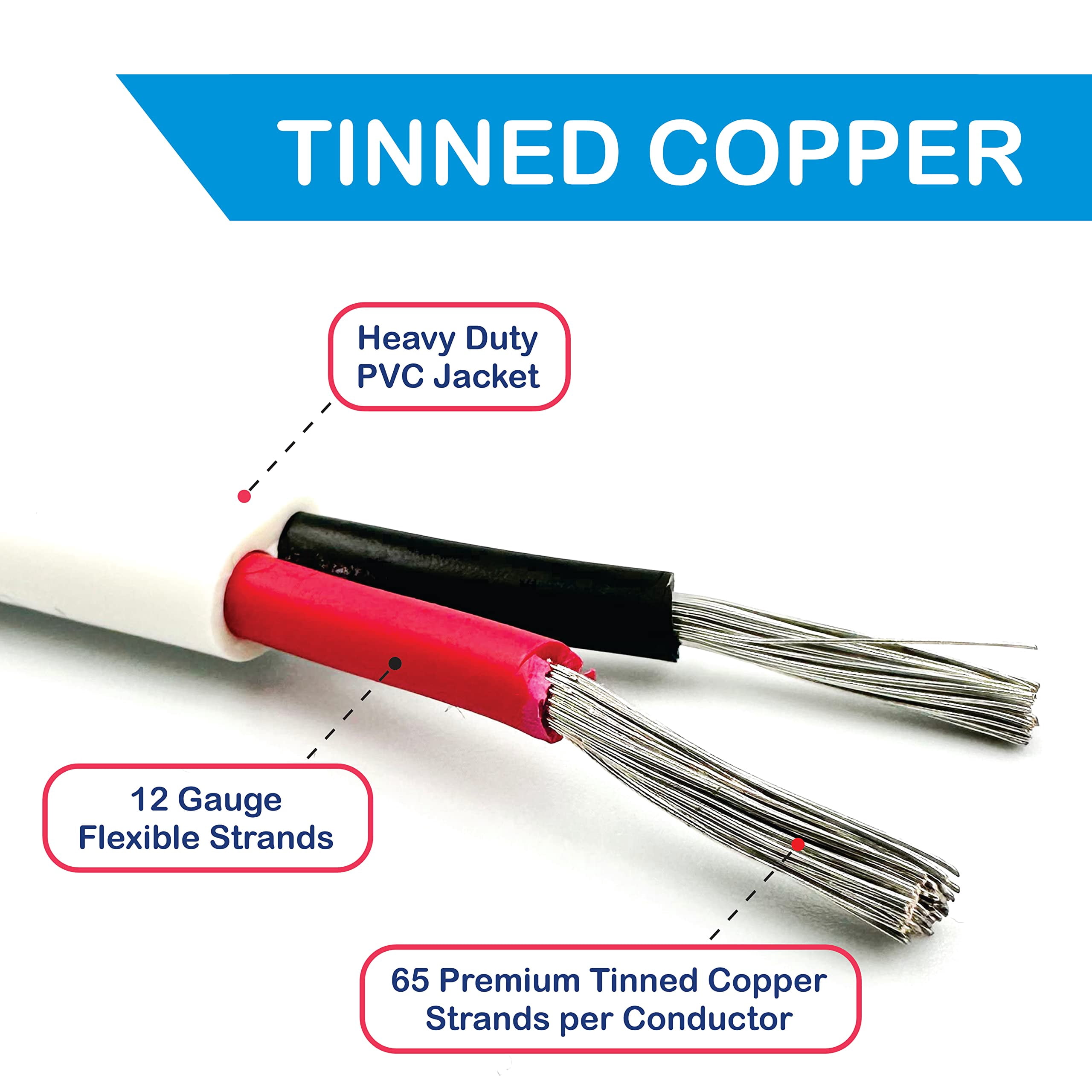 NATIONAL Wire&Cable - 12 Gauge 2 Conductor Marine Wire - 25 Ft - Made in USA - Tinned Copper Duplex Boat Wire
