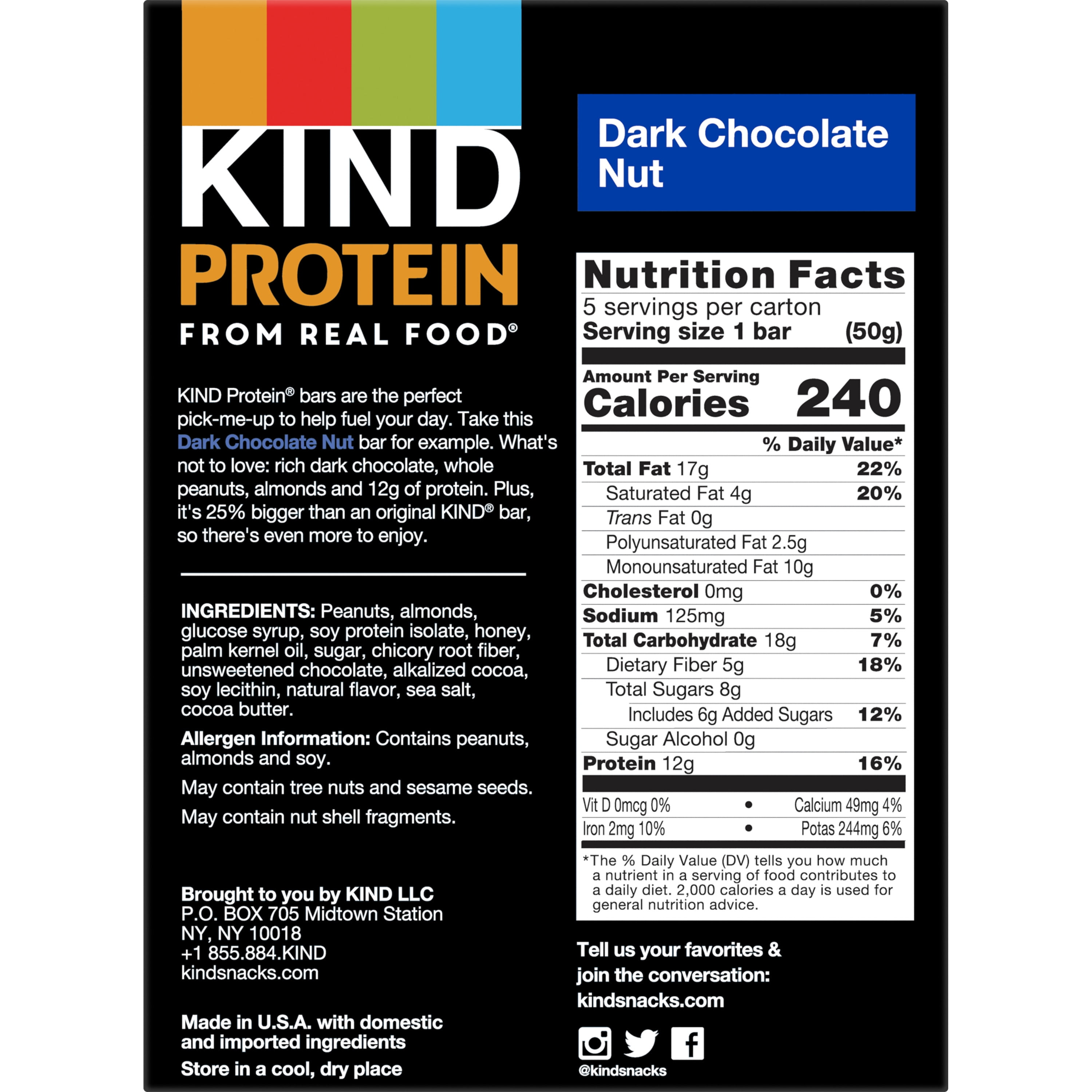 KIND Dark Chocolate Nut Protein Bar, Gluten Free, 1.76 oz, 5 Snack Bars Box