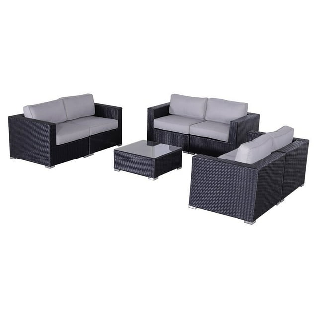 Living Source International 7-Piece Modern Rattan Sofa Set with Cushions - Black