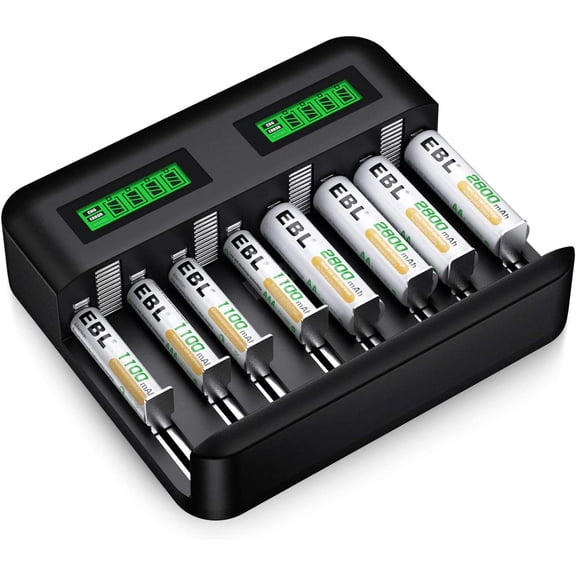 EBL Battery Charger for AA/AAA/C/D Rechargeable Battery with 1.2V NiMH Rechargeable AA Battery 2800mAh(4Pcs) and 1100mAh AAA Battery(4Pcs) Combo