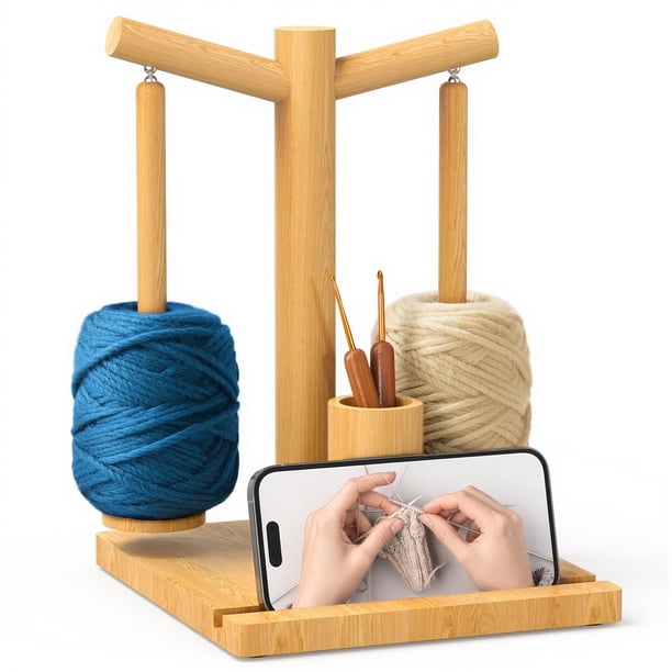 Soporte de Hilo de Madera con 2 Ejes para Crochet y Tejido