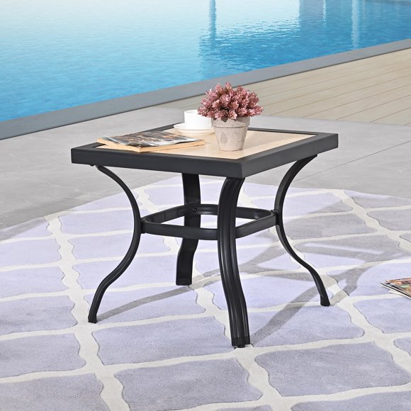 LOKATSE Home 21" Outdoor Square Patio Bistro End Table Metal Steel Legs with Ceramics Top, Black