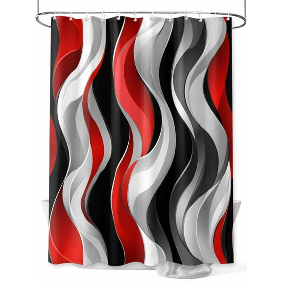 Abstract Wave Line Shower Curtain, Black Red Gray Stripe Graffiti Waterproof Shower Curtain Set with 12 Hooks Lightweight Washable Fabric Shower Curtains for Bathroom 48x72 Inches