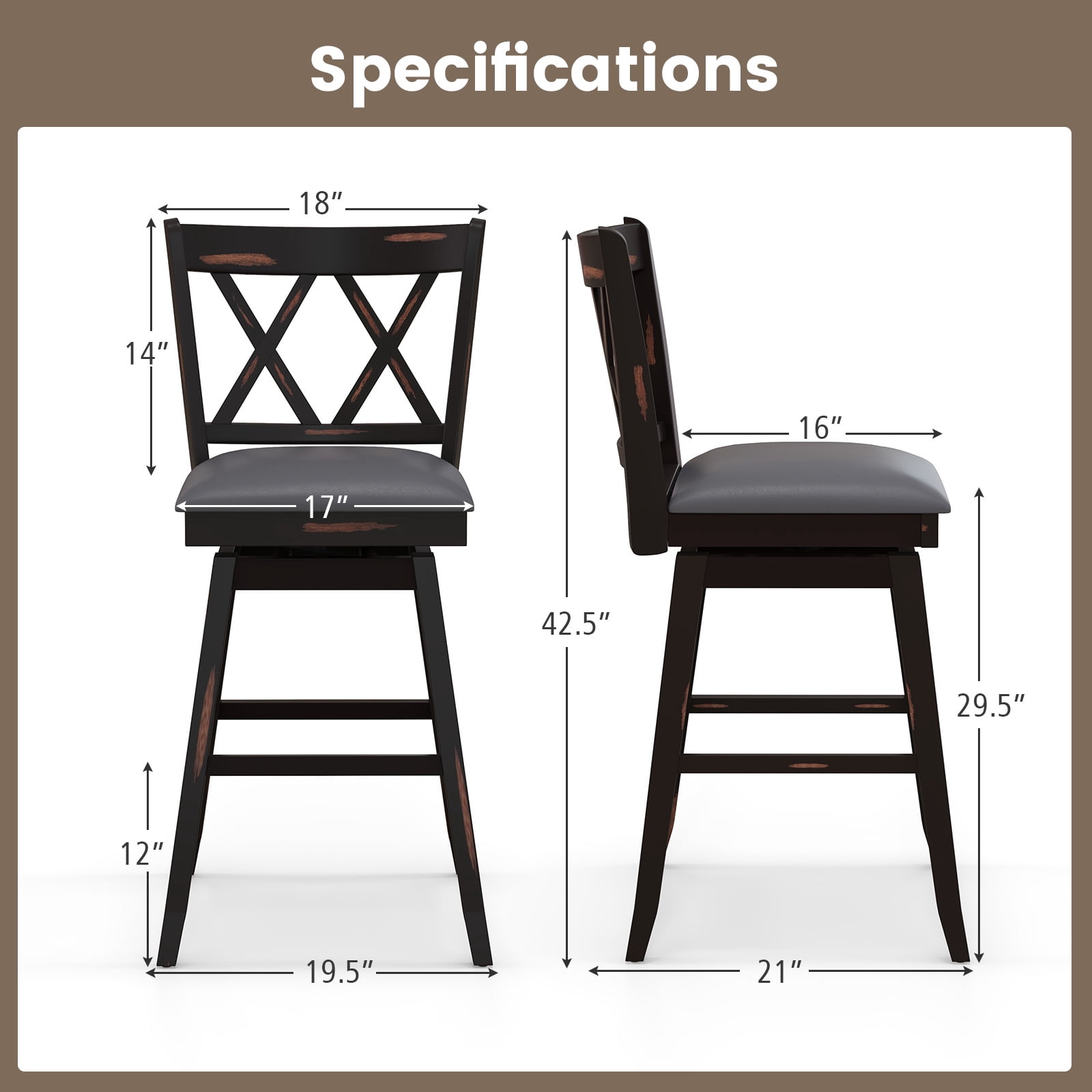 Costway 29" Bar Stools Set of 2 with Ergonomic Backrest Rubber Wood Legs Swivel Height Chairs Black, Gray