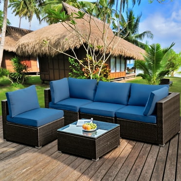 Gymax 5PCS Rattan Patio Conversation Set Sofa Furniture Set w/ Navy Cushions