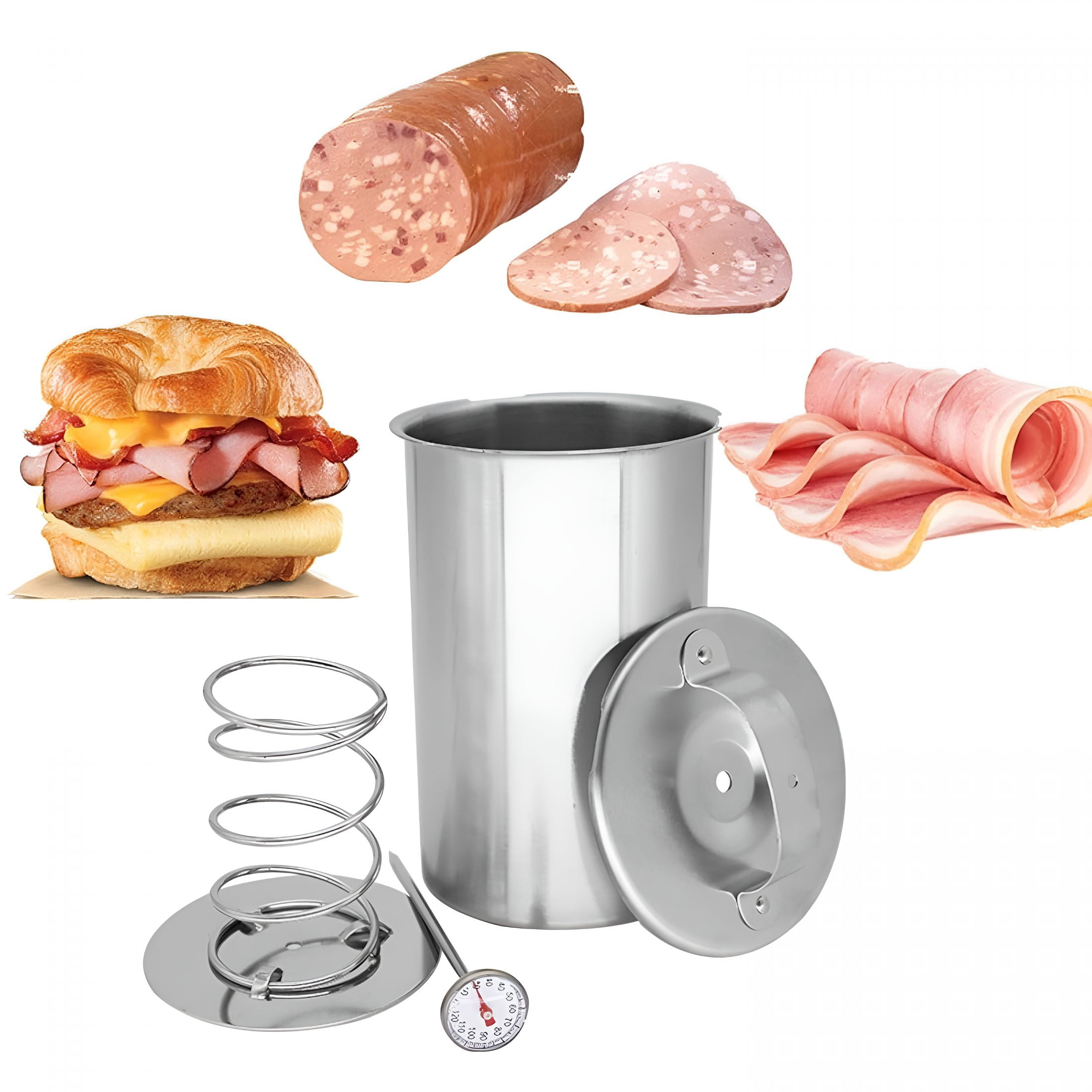 ACDANC Stainless Steel Deli Meat Press with Thermometer & Spring Mechanism, Homemade Ham Maker Lunch Meat Press for Healthy Home Cooking and Sandwiches