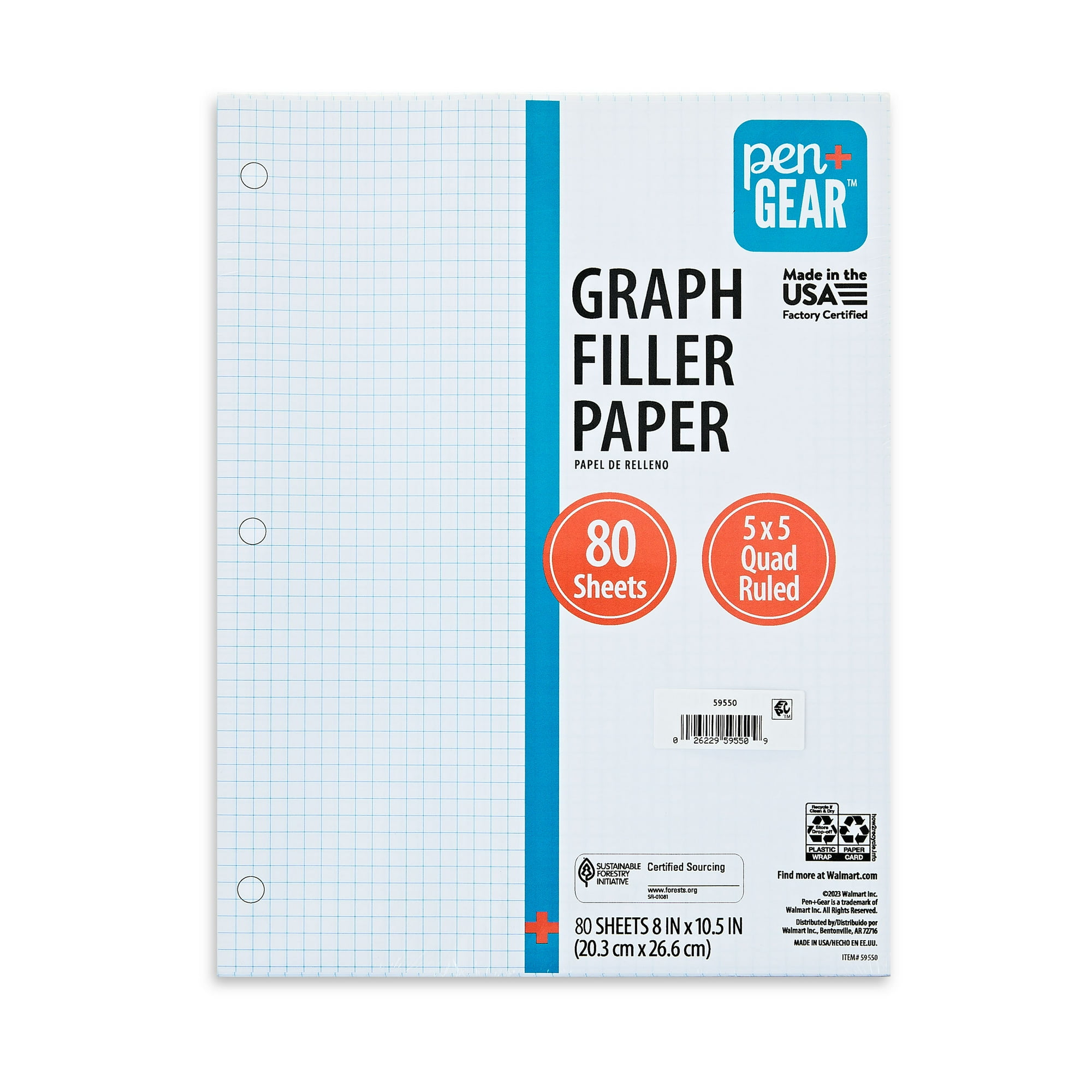 Pen+Gear Graph Ruled Filler Paper, 5x5 Quad, 80 Sheets, 8 in x 10.5 in