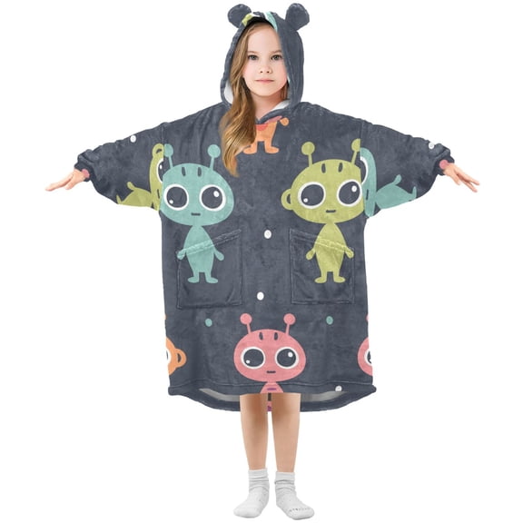 Cute Aliens Cartoon Flannel Wearable Blankets Hooded Design Long Sleeves Wrap Unisex for 3T-14Y S