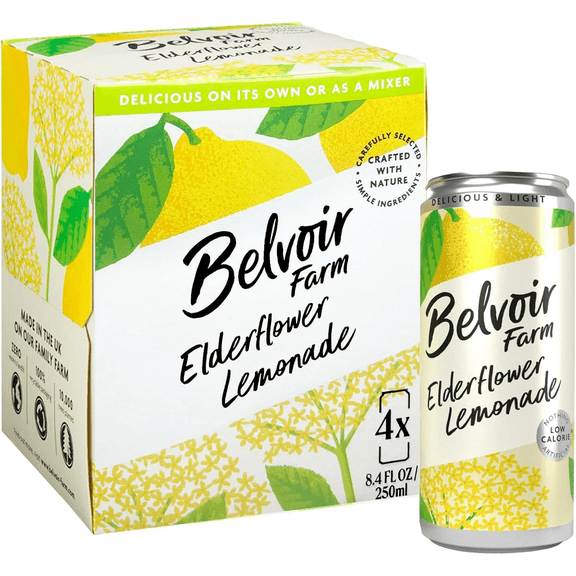 Belvoir Farms Sparkling Elderflower Flavored Lemonade, 250ml / 4 Cans