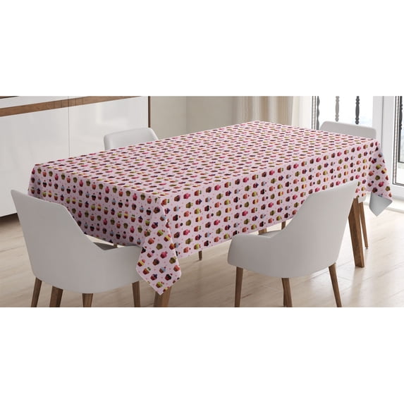 Cupcake Tablecloth, Colorful Yummy Cupcakes with Different Toppings on Pink Background with Hearts, Rectangle Satin Table Cover Accent for Dining Room and Kitchen, 60" X 90", Multicolor, by Ambesonne