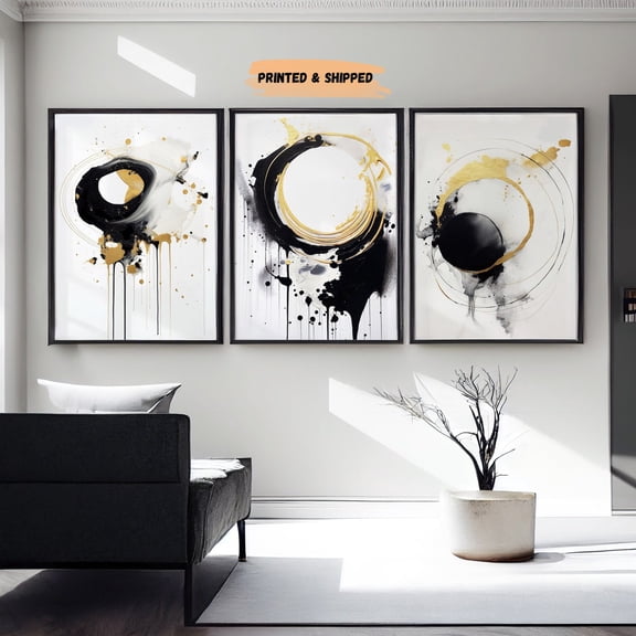 Black White Gold Minimal Abstract Wall Art Set 3 Unframed Paper Print 8x12