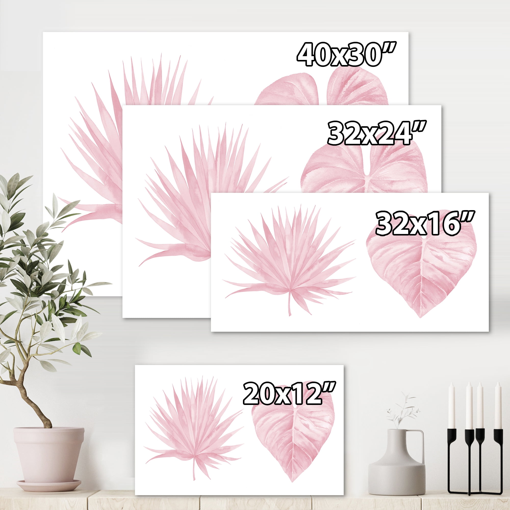 Designart ' Tropical Pink Watercolour Leaves On White II ' Shabby Chic Canvas Wall Art Print