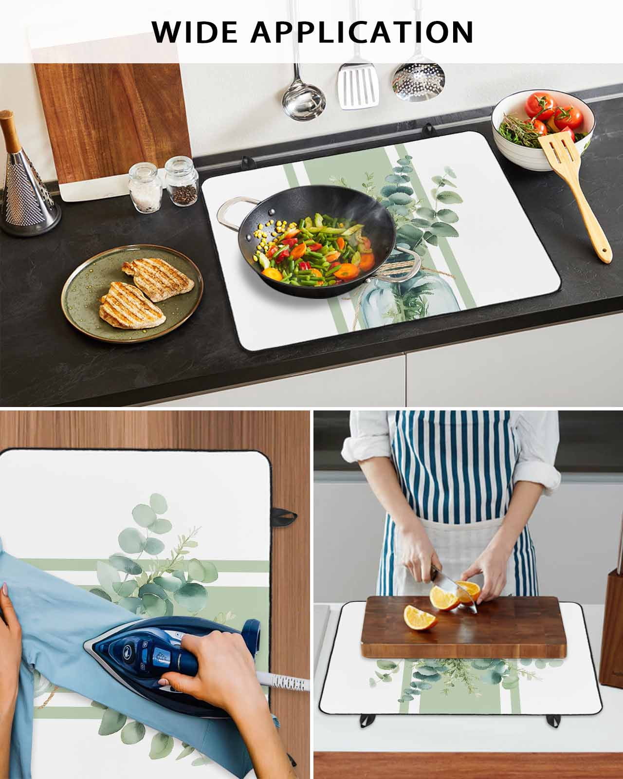 nqOlkjepod Large Induction Cooktop Protector Mat 24"x21", Sage Green Eucalyptus Leaves Stove Top Covers for Electric Stove, Farmhouse Stripe Botanical Stove Burner Cover Mats, Glass Top Stove Cover