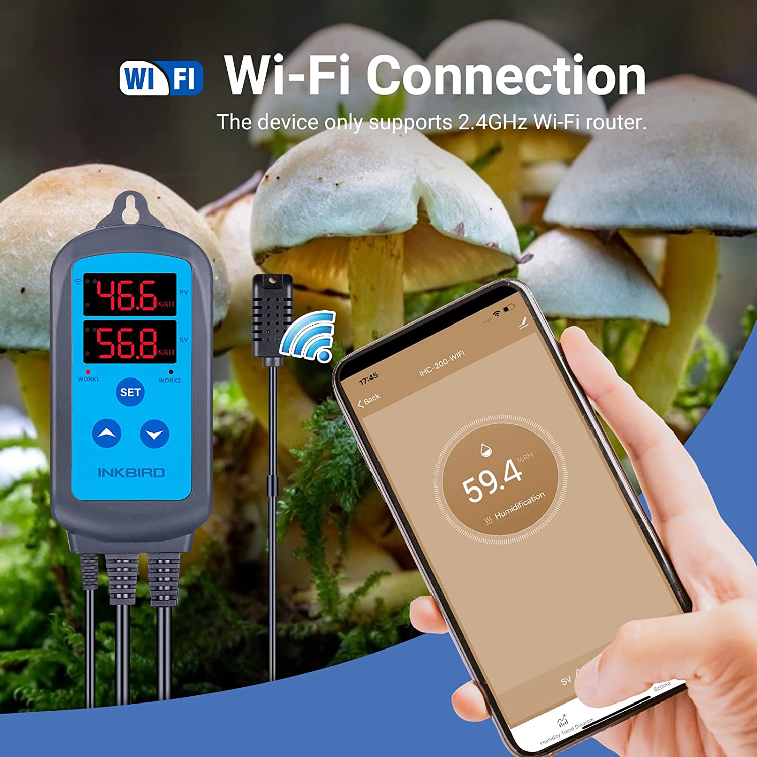 IHC-200 Digital Wi-Fi Humidity Controller Dual Outlet Pre-Wired Humidistat for Mushroom Growing Reptile Greenhouse Support iOS Android App Remote Control