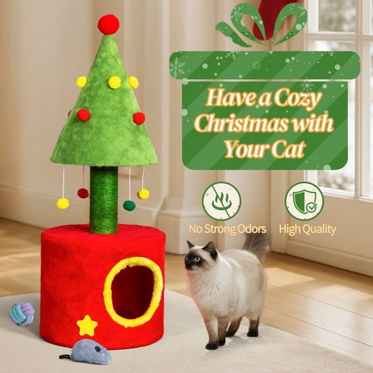 30in Christmas Cat Tree with House & Scratching Post - Red & Green Cat Tower with Hanging Balls for Kittens & Small Cats
