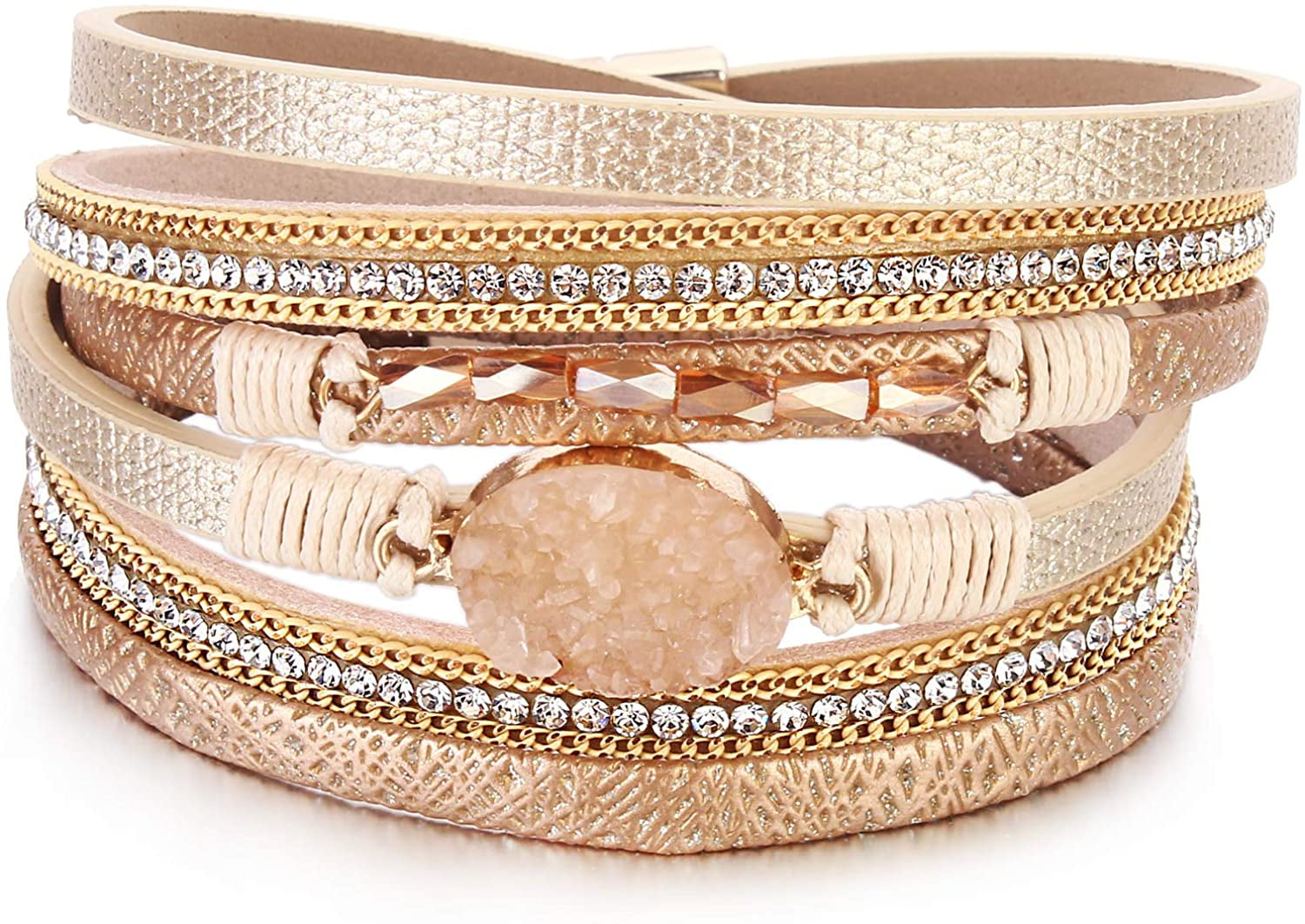 Women Multi-layer Leather Crystal Magnetic Clasp Bracelet Bangle Wristband Gifts 